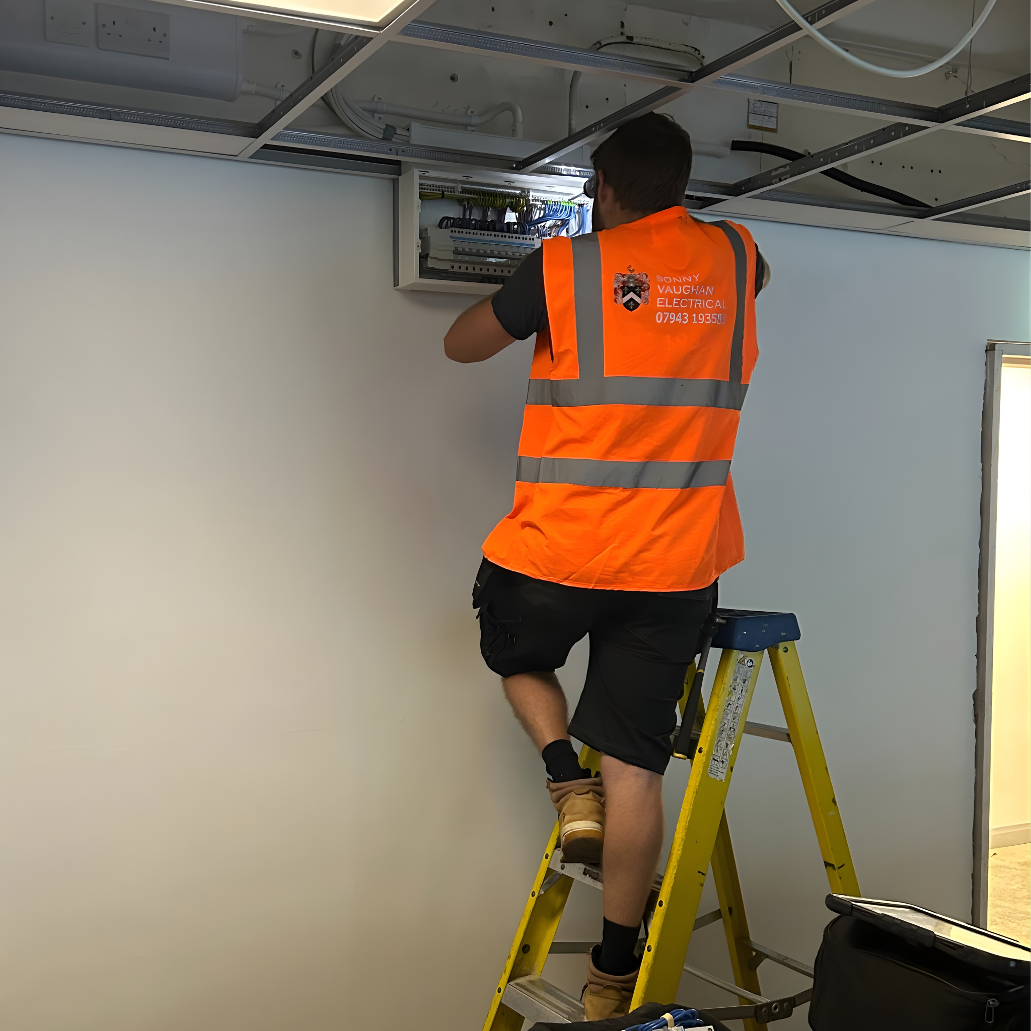 Electrician in Sonny Vaughan Electrical high vis installing a distribution board. He is standing on a yellow ladder.