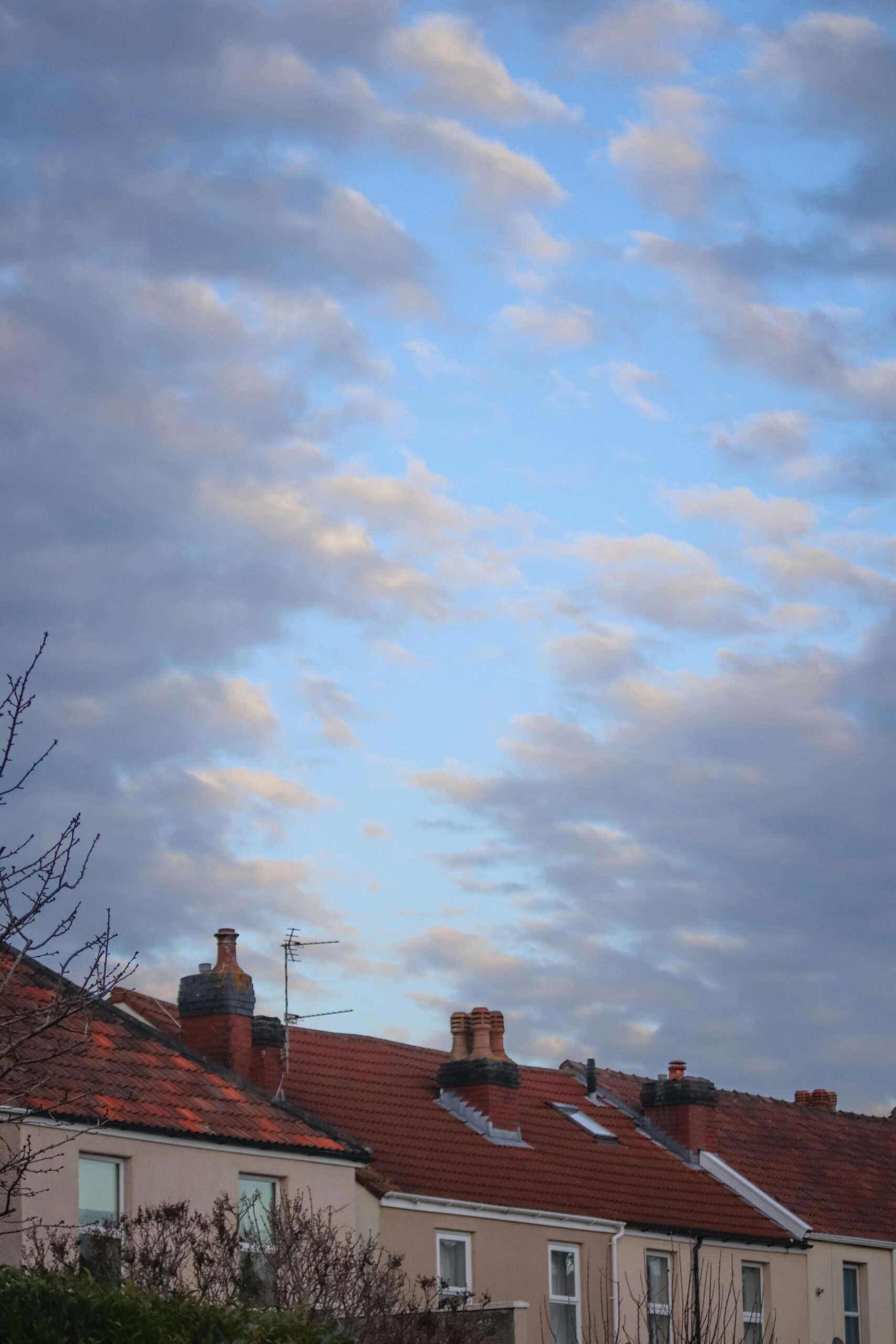 A serene view of charming residential rooftops against a cloudy sky, capturing a peaceful town's architecture.