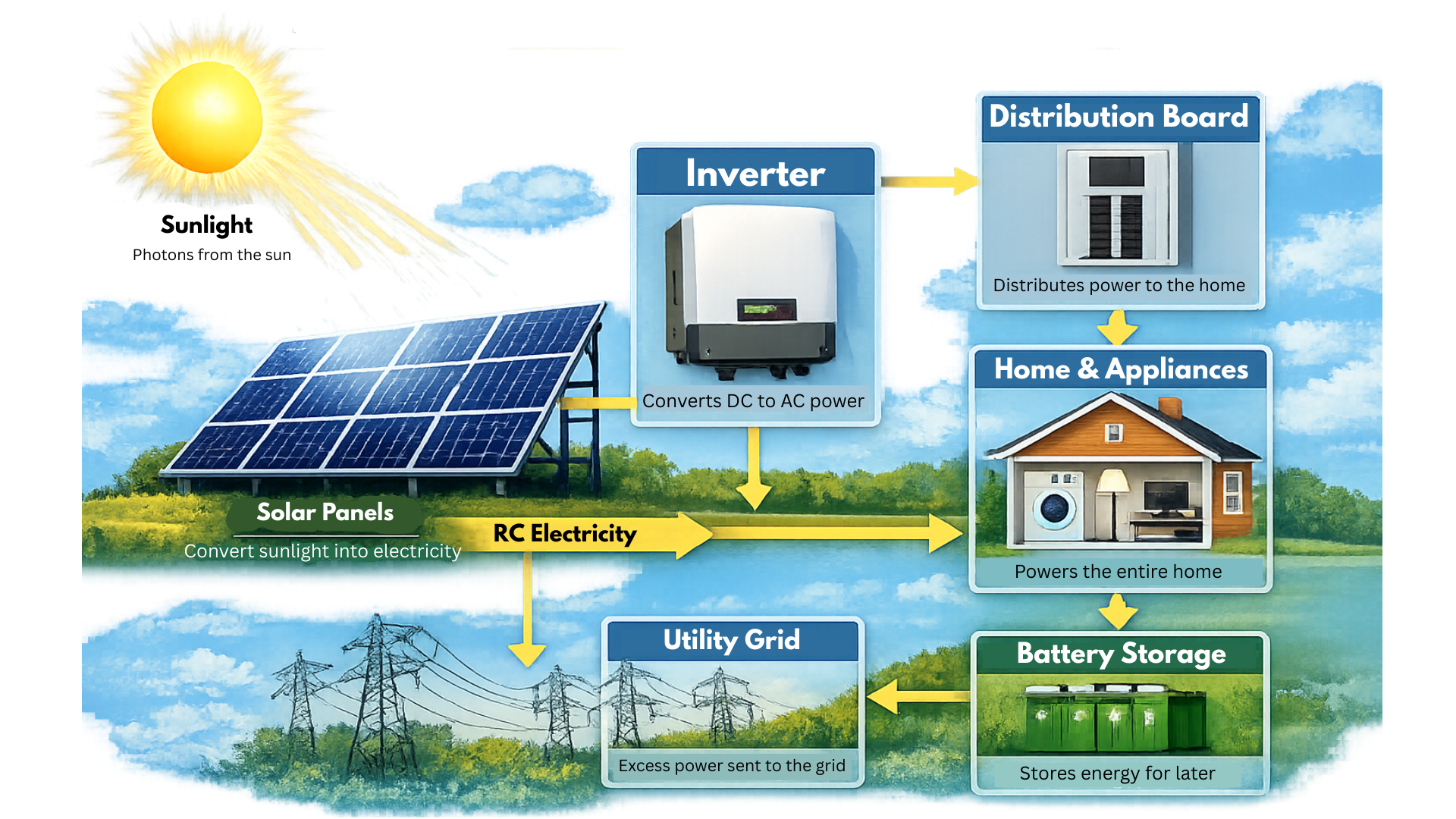 Computer generated diagram showing how solar panels work in creating energy.