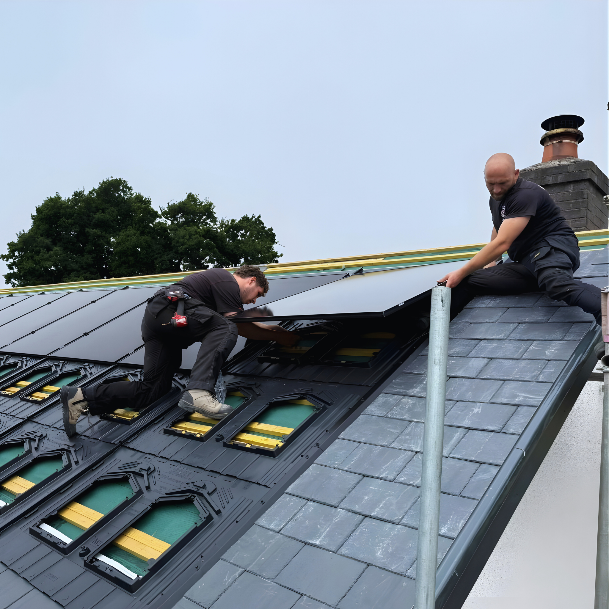 Two electricians in Sonny Vaughan Electrical uniform installing solar PV panels on top of a roof.